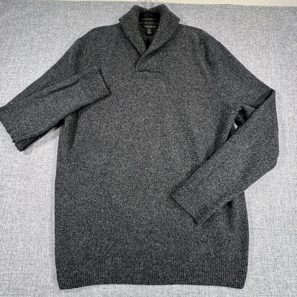 Banana Republic Sweater Men XL Gray Merino Wool Shawl Neck Pullover Italian Yarn